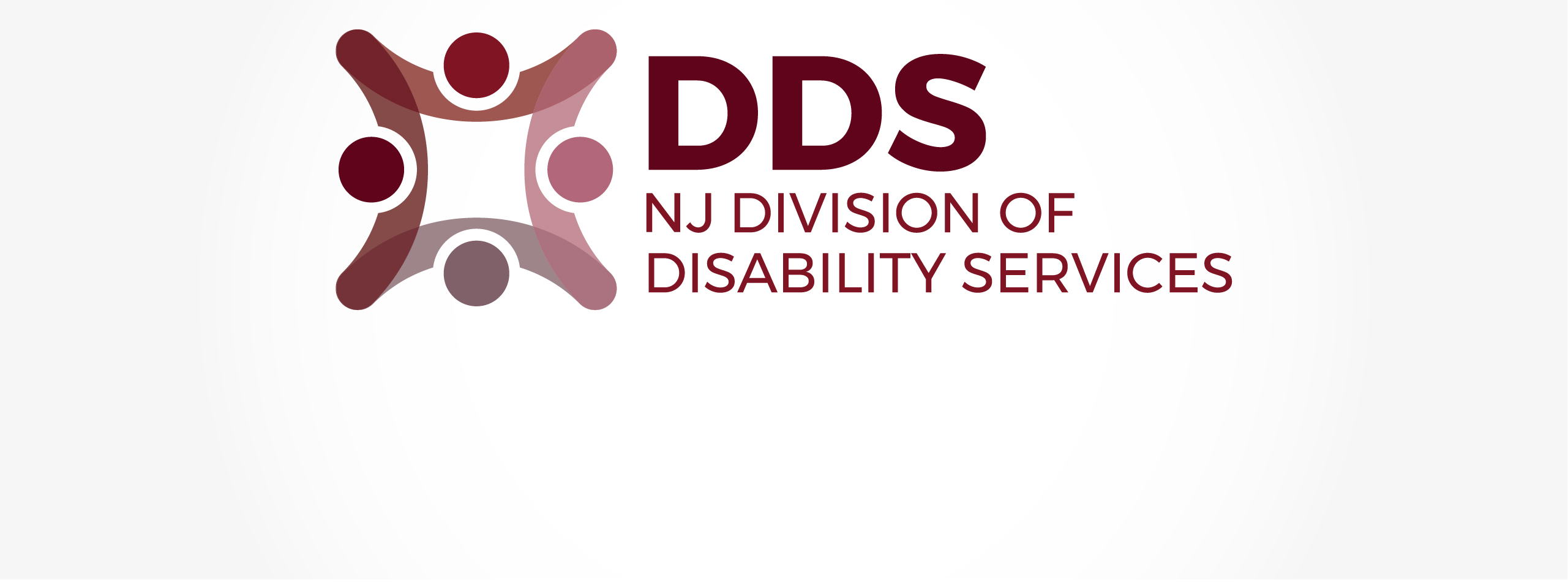 DDS NJ Division of Disability Services Logo: Four individuals intersecting equally sized and spaced representing individuality and equality with the overlapping of hands representative of community and support.